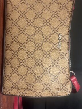 Nine West Tan Patterned Messenger Bag with red Strap